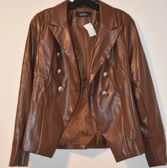 AKIRA SILVER METALLIC BUTTON FAUX LEATHER BROWN BLAZER NWT - Picture 8 of 16
